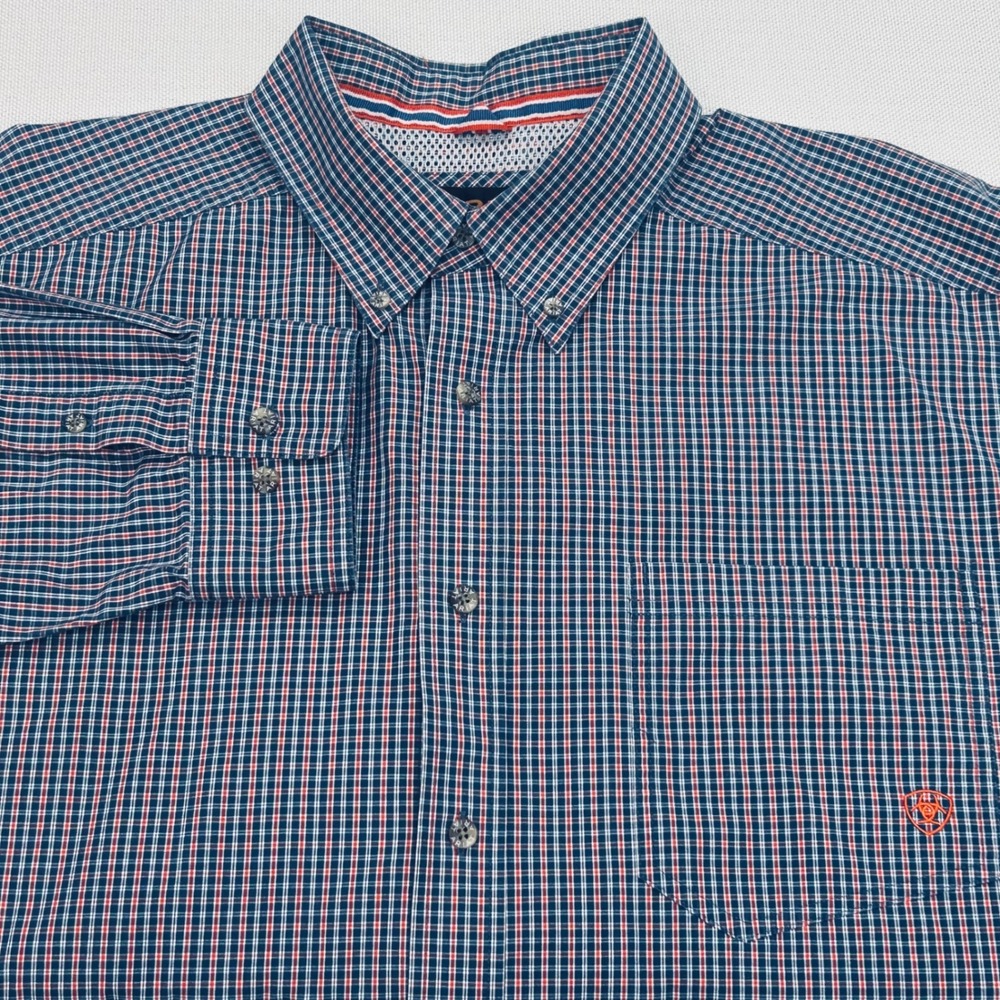 Ariat Pro Series Shirt Mens XL Plaid Blue Orange Vent Western Work Ranch Rodeo